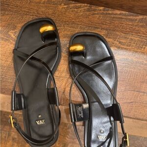 Zara Black and Gold Sandals with Crisscross Straps